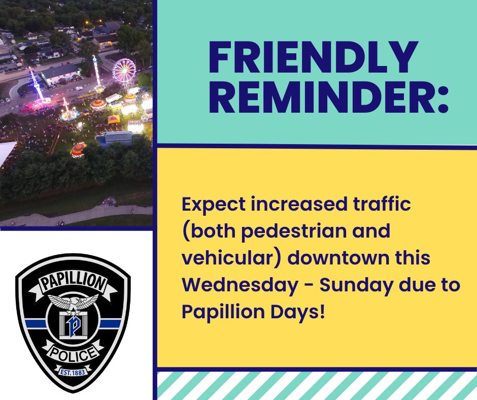 It's #PapillionDays week!

Please be cautious during the festivities, especially in the downtown area where there will be increased traffic due to the events.