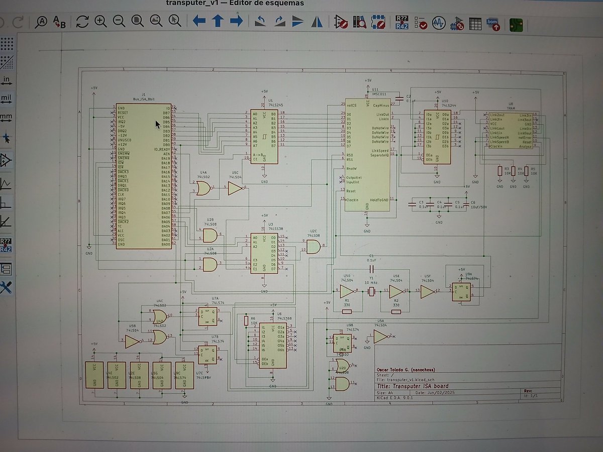 nanochess's tweet image. I was testing KiCad 9, one hour to draw the schematic, five hours for the PCB, fifteen minutes with PCBway, waiting one week, and five hours to build the board (time wasted because my oscilloscope failed). I made two mistakes, but it works! #retro #transputer #pcbway #homebrew