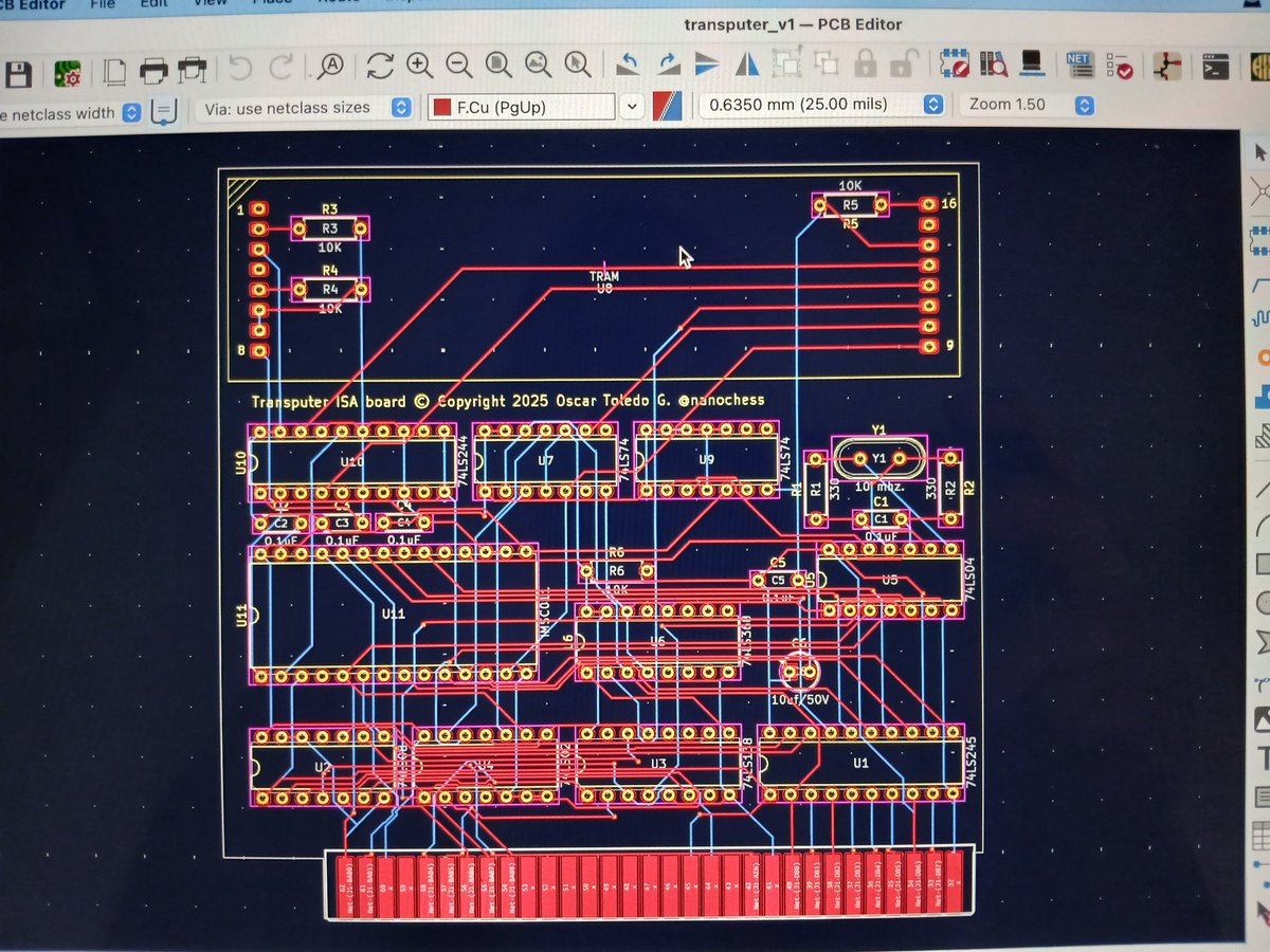 nanochess's tweet image. I was testing KiCad 9, one hour to draw the schematic, five hours for the PCB, fifteen minutes with PCBway, waiting one week, and five hours to build the board (time wasted because my oscilloscope failed). I made two mistakes, but it works! #retro #transputer #pcbway #homebrew