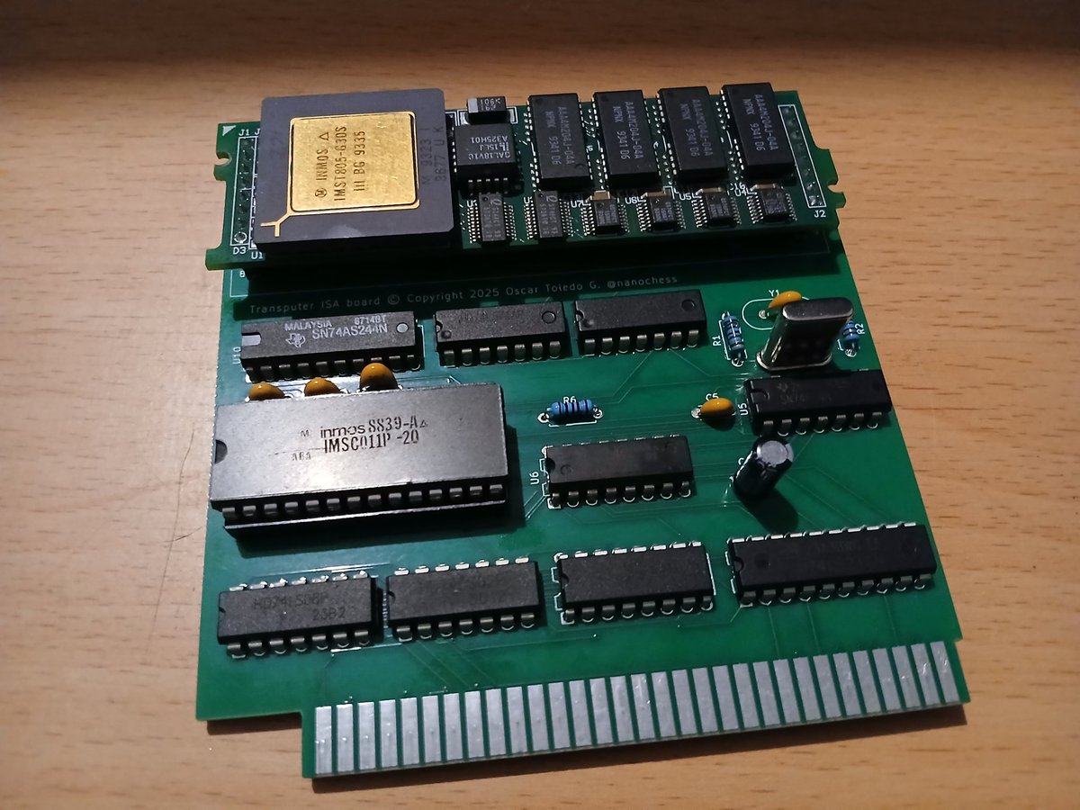 nanochess's tweet image. I was testing KiCad 9, one hour to draw the schematic, five hours for the PCB, fifteen minutes with PCBway, waiting one week, and five hours to build the board (time wasted because my oscilloscope failed). I made two mistakes, but it works! #retro #transputer #pcbway #homebrew