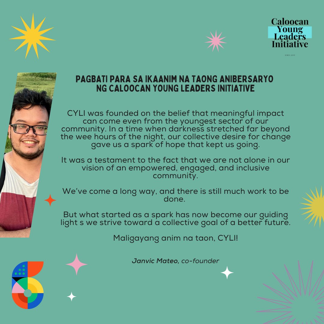 Basahin ang pagbati para sa ika-anim na anibersaryo ng Caloocan Young Leaders Initiative mula sa isa sa mga co-founder na si kuya Janvic Mateo. 🌞 #CYLI6 #CYLI #youthaction #SDGs #sustainability