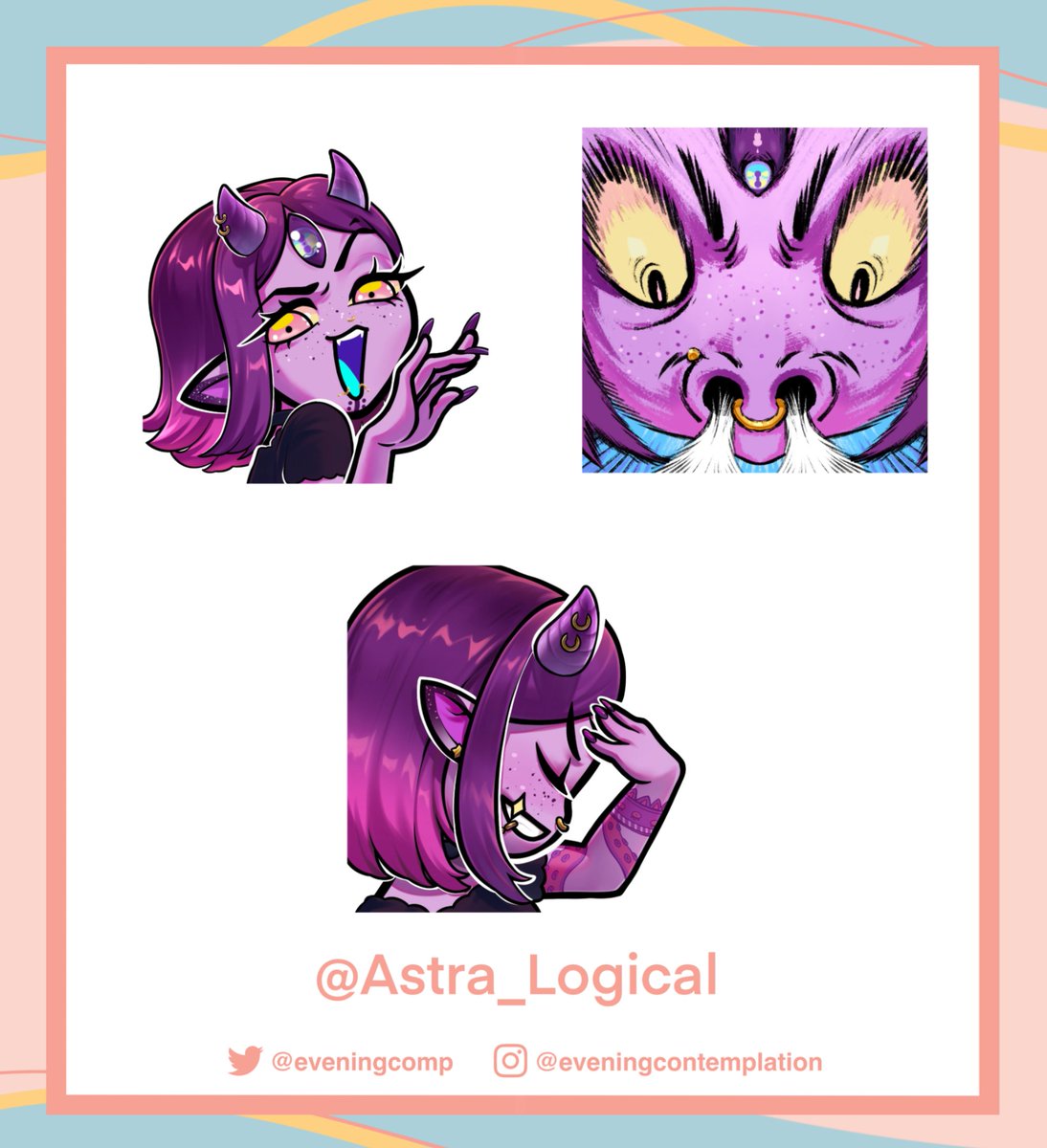 eveningcomp's tweet photo. A few recent emotes!! All my clients are so lovely thank ya'll for working with me 🥰 @/Grimiable @/wormwood_VT @/Astra_Logical_ https://t.co/bjsjMHccIq
