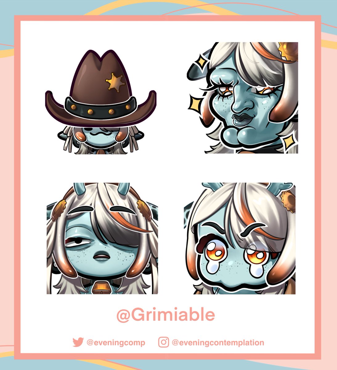 A few recent emotes!! All my clients are so lovely thank ya'll for working with me 🥰 @/Grimiable @/wormwood_VT @/Astra_Logical_