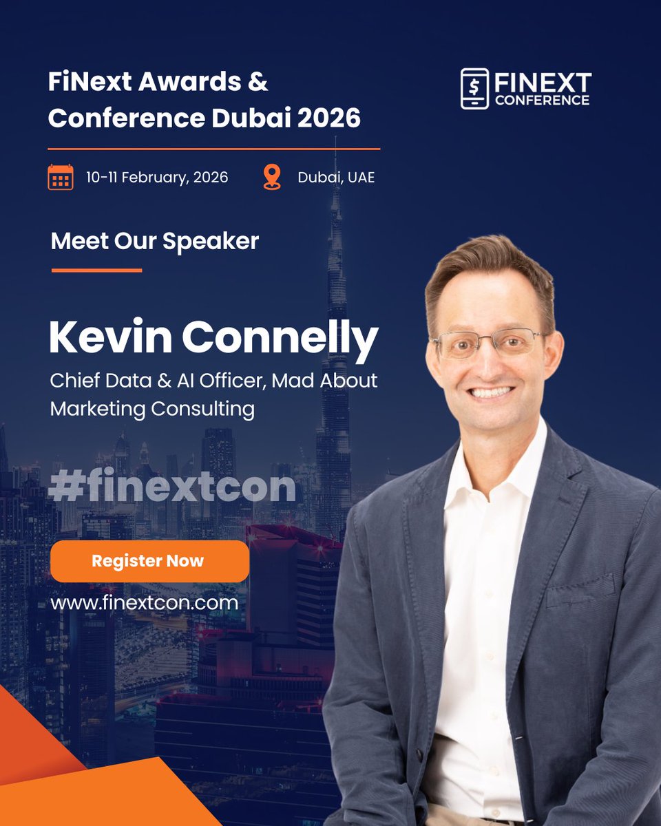 Excited to welcome Kevin Connelly, Chief Data &amp; AI Officer at Mad About Marketing Consulting, to FiNext Dubai 2026! 🌍 finextcon.com #finextcon