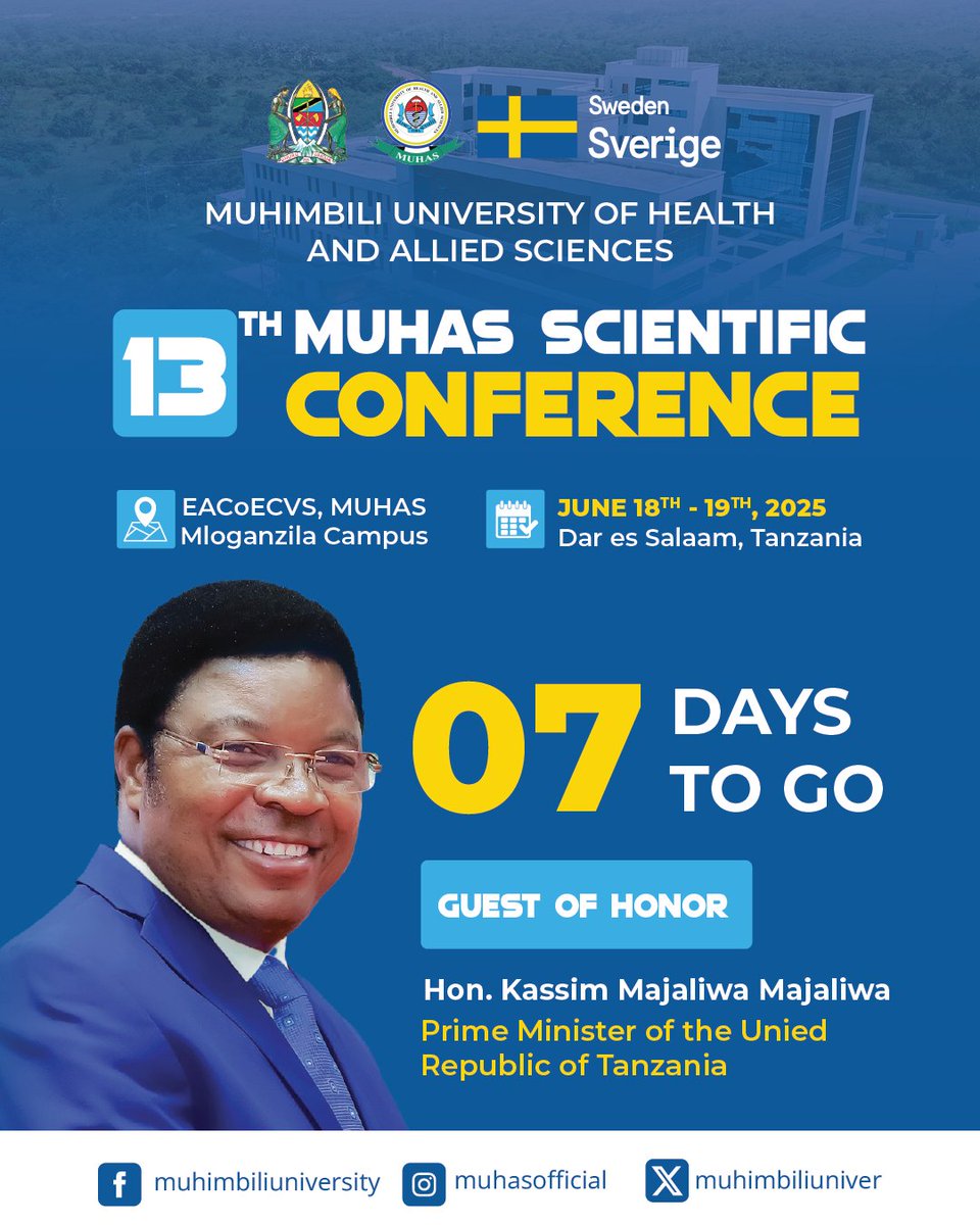 📆 7 days left untill 13th MUHAS Scientific Conference

✍🏻 Get Ready for Groundbreaking, Research, Networking and Inspiration

#CountDownToScience