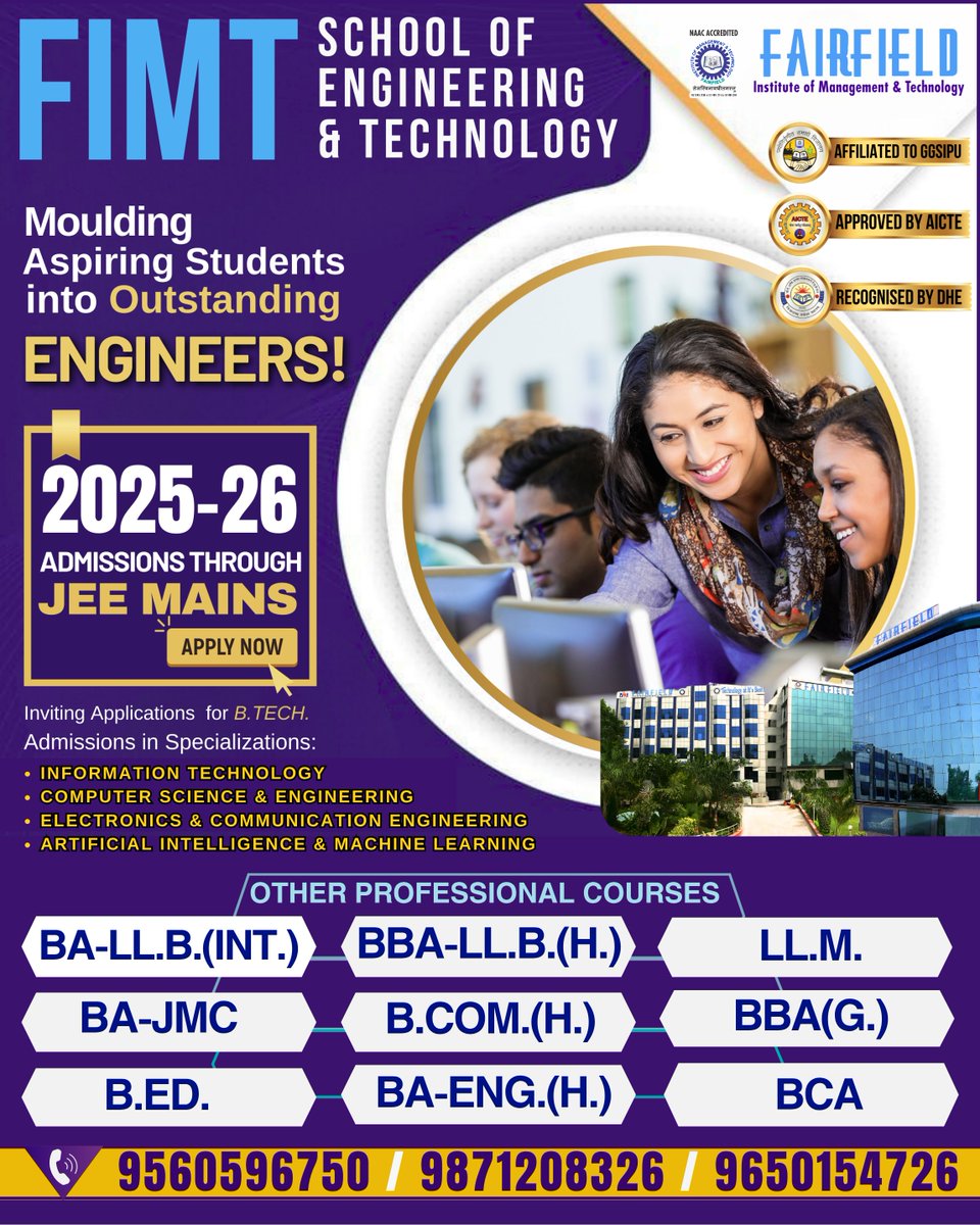 FIMTcollege's tweet image. B.TECH. (CSE/IT/AI&amp;amp;ML/ECE) ADMISSIONS OPEN THROUGH JEE MAINS SCORECARD

🔧 B. TECH (Code 131) | GGSIPU REGISTRATION OPEN Till: 16.06.2025
Call: 9560596750 | 9871208326 | 9650154726
fimt-ggsipu.org
.
.
#IPUAdmissions2025 #BTechAdmissions #JEEMain2025