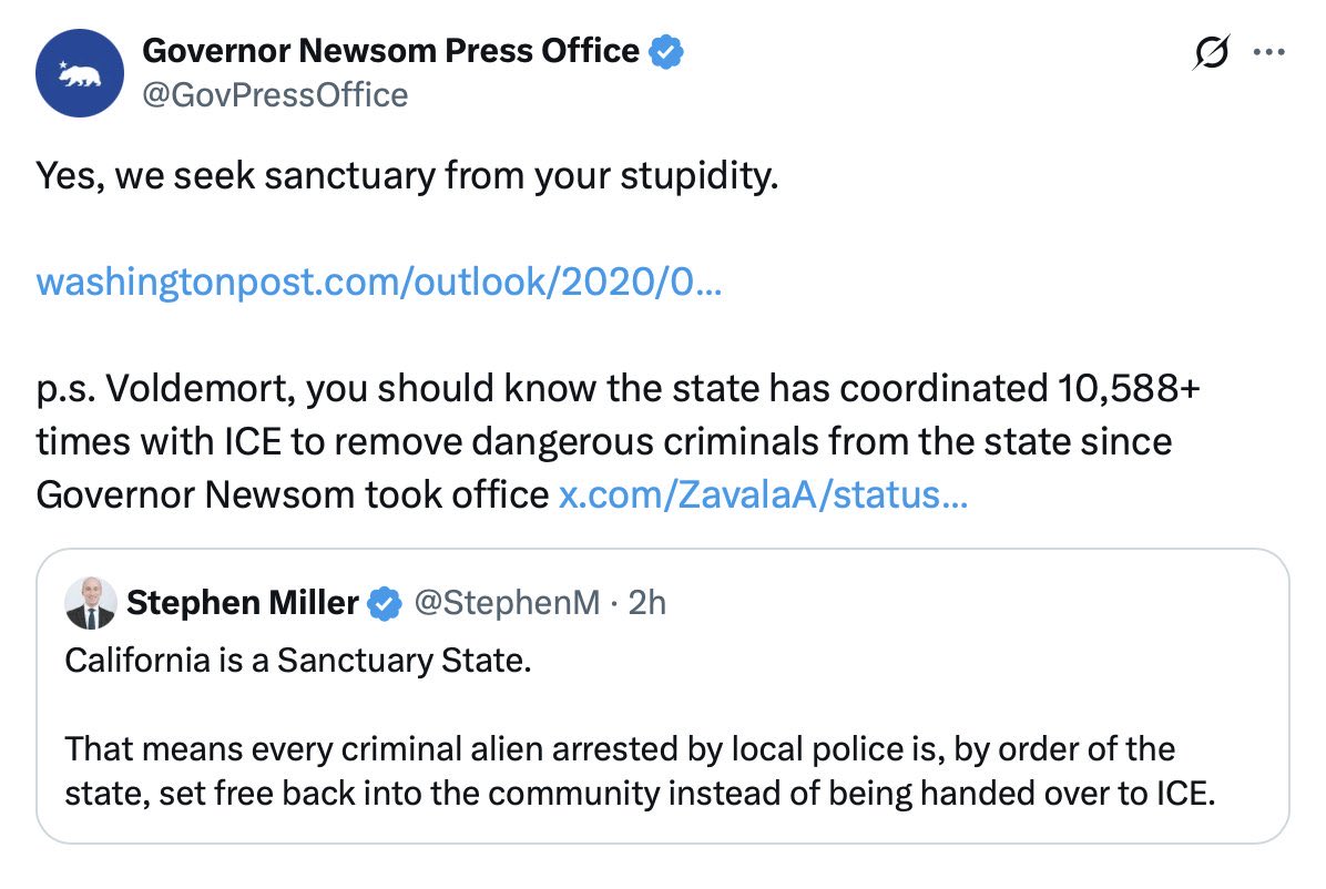 Harry Sisson (@harryjsisson) on Twitter photo I love this. Gavin Newsom’s team is OVER Trump’s BS and is calling out their stupidity to their faces. Need more of this! I love this. Gavin Newsom’s team is OVER Trump’s BS and is calling out their stupidity to their faces. Need more of this!