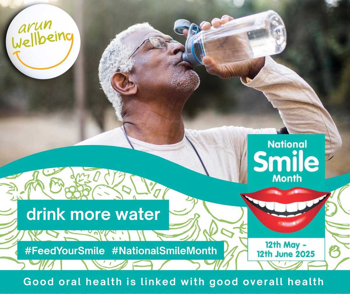 #FeedYourSmile for good oral heath as well as overall health!

Drink water throughout the day. Especially after meals to wash away acids and bacteria.

For FREE local support with healthy eating contact us:
arunwellbeing.org.uk

dentalhealth.org/the-role-of-hy…