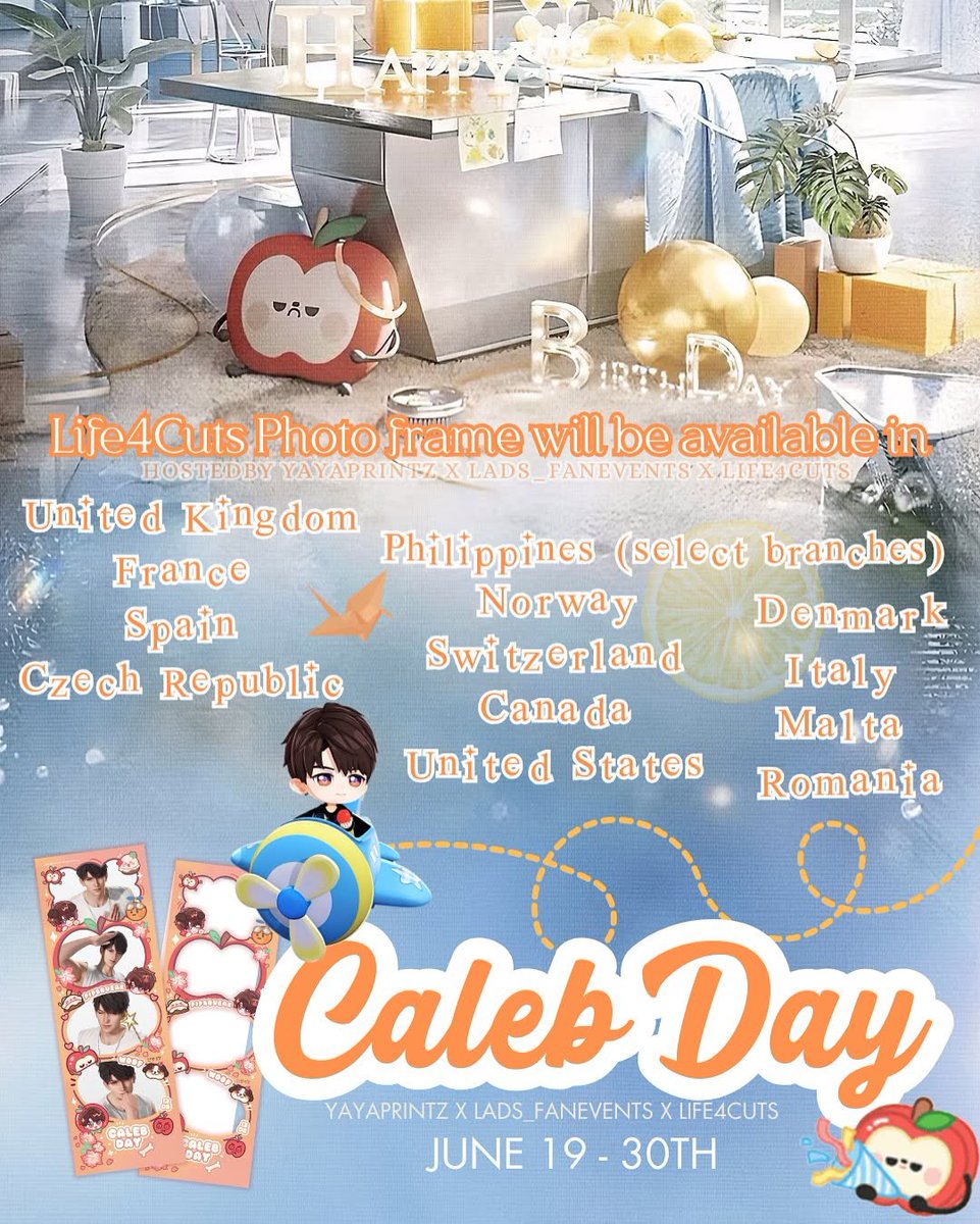 All 13 countries for 🍎 Caleb’s limited Life4Cuts photobooth frame have been announced! From June 19-30, if you reside in these countries you’ll be able to pick his special frame at a Life4Cuts near you! 

Thank you for bringing us this global event <a href="/Lads_fanevents/">Global Love and Deepspace Fan Events</a> x <a href="/YAprintz/">YAYAprintz</a> 🫶🏼