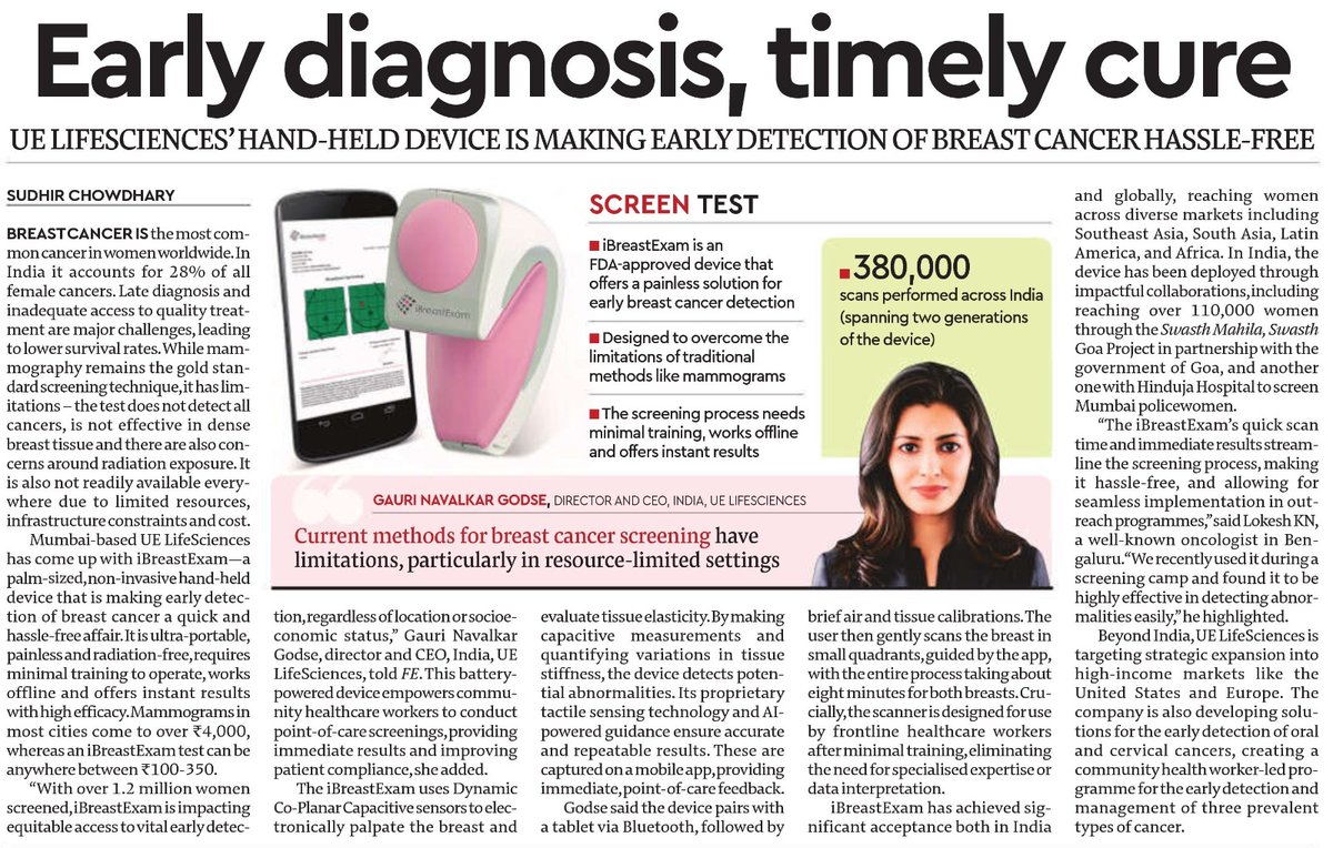 Our CEO, Gauri Navalkar Godse, speaks to Financial Express on the critical role of early detection in breast cancer and how UE LifeSciences is making it accessible, dignified, and scalable. A must-read for anyone passionate about change.
🕺🏻

#FemTech #EarlyDetection #BreastHealth