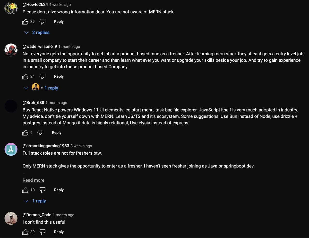 codeerasunny's tweet image. Saw a Guy on YouTube who claimed that the MERN stack is relatively easy to learn and may not be sufficient for landing a high-paying job.
His comment section :