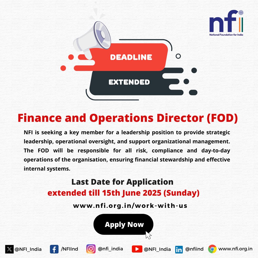 📢 Deadline Extended!

We’re extending the application deadline for Finance and Operation Director

If you haven’t applied yet, this is your chance to be part of a dynamic, purpose-driven team!

🗓️ New Deadline: 15th June,2025

Apply now: nfi.org.in/finance-and-op…