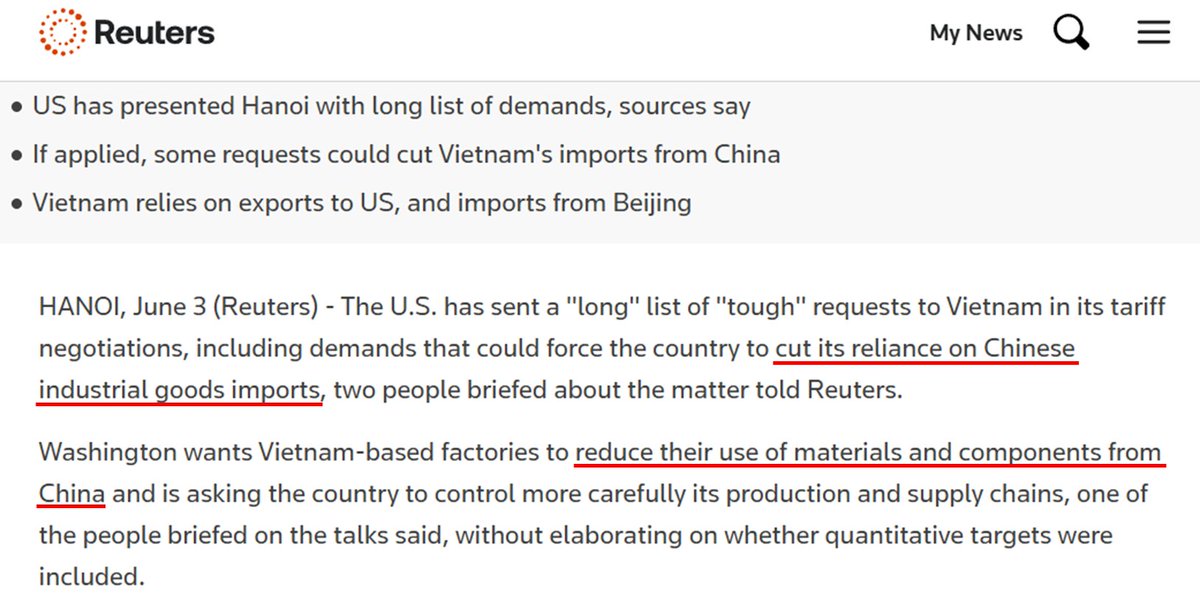 การเจรจาการค้าของเวียดนามกับสหรัฐฯ"ไม่ง่าย"
เพราะสหรัฐฯต้องการให้เวียดนามลดการนำเข้าสินค้าจากจีน (แล้วส่งออกไปอเมริกาทีหลัง)
และอยากให้เวียดนามลดการพึ่งพาวัตถุดิบและชิ้นส่วนจากจีนด้วย
ไทยอาจจะโดนแบบนี้เหมือนกัน เพราะเราเป็นทางผ่านสินค้าจีนเหมือนๆเวียดนาม ซึ่งแก้ไม่ง่าย
#ksforward