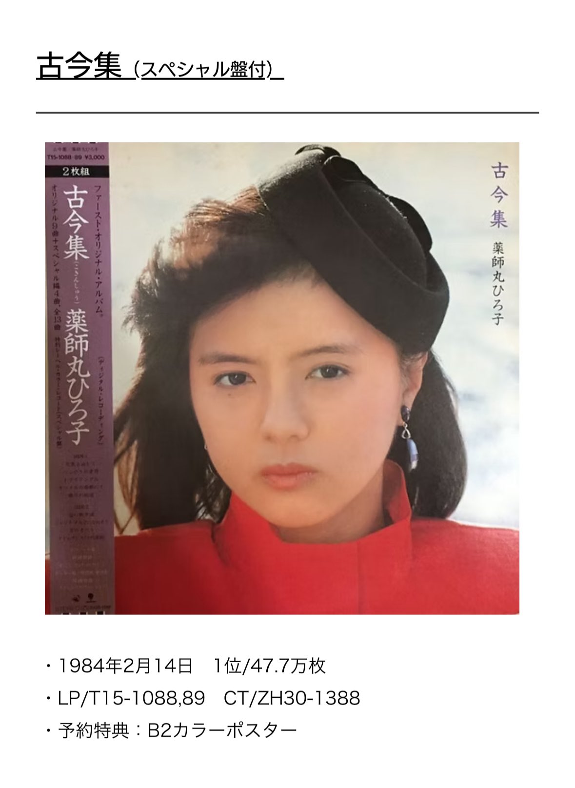 薬師丸ひろ子／古今集 店頭告知ポスター 80年代当時物 アルバム