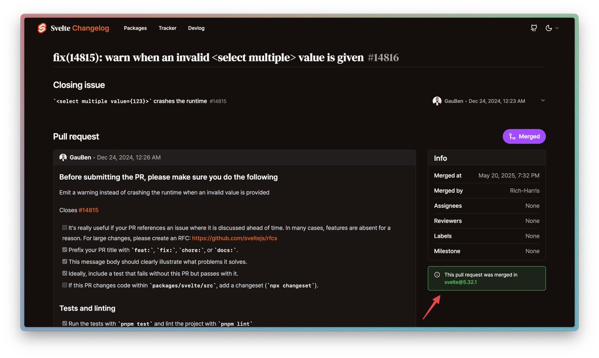 A feature request from JYC is now live on Svelte Changelog!

PR details can now show which release it was merged into! 🚀

Do you like the final result? It's your sign to open issues when you have good ideas; I may implement them ;)