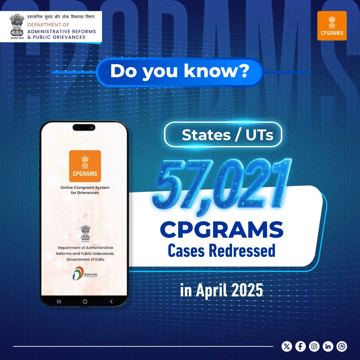 DARPG_GoI's tweet image. #DoYouKnow | 57,021 State and UT grievances were resolved on the PG Portal in April, 2025, ensuring swift redressal through digital governance. 

Your concerns matter - let #CPGRAMS redress them. 

#DARPG #GoodGovernance #GrievanceRedressal #CitizenFirst #DigitalIndia…