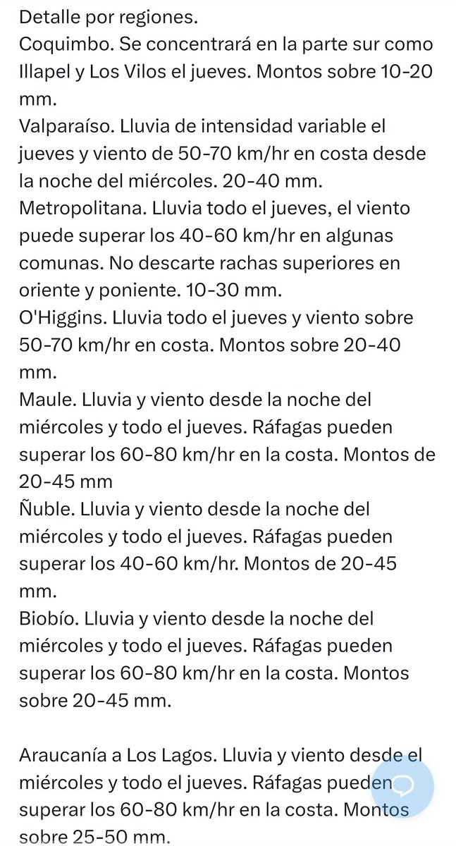 EdoWeatherman's tweet photo. Alerta, el temporal se acerca.

Se mantiene proyección de temporal para este miércoles por la noche-jueves entre sur de Coquimbo y Aysén. El viento gana fuerza y es posible que en la costa central se registren rachas sobre 60-80 km/hr. En interior el viento soplará con rachas sobre 50-70 km/hr. No descarte una situación parecida al temporal de agosto de 2024.

Puedes consultar detalle en la última imagen.

Este evento será el anticipo del fuerte sistema frontal del fin de semana.