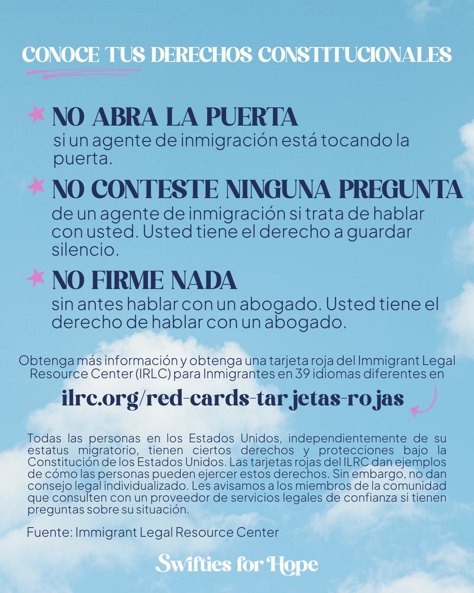 You got to come on, come on, say that we’ll be together 🩵

There’s nothing stronger than the power of community standing up for one another. Regardless of immigration status, all people in the U.S. have certain rights and protections under the Constitution.

Learn more ⬇️