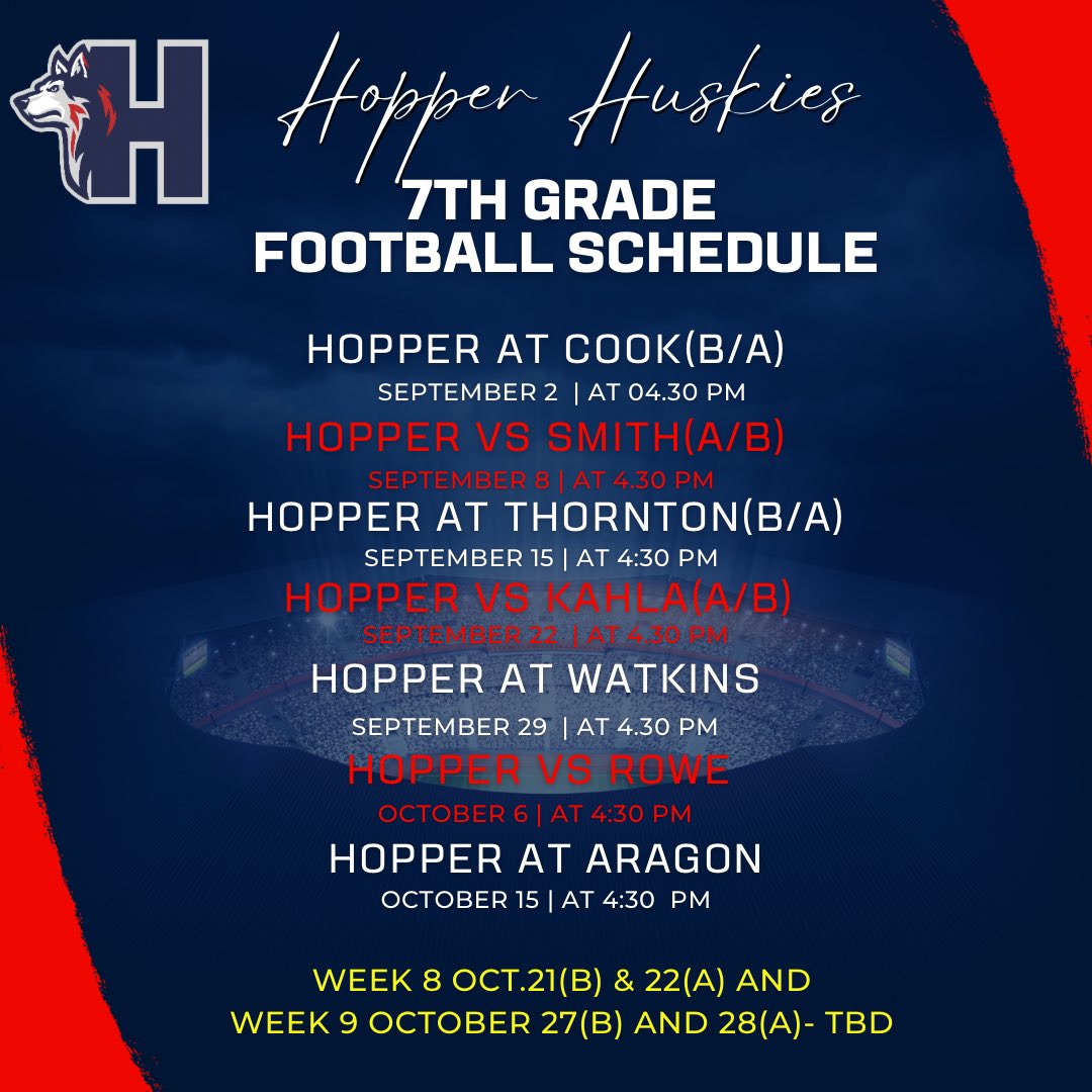 Hopper Middle School Athletics (@1huskyathletics) on Twitter photo 2025 Hopper Husky Football Schedule!!! #BeDifferent <a href="/HopperMS/">Hopper Middle School</a> <a href="/feliciahayes03/">Felicia Hayes, Ed.D.</a> 2025 Hopper Husky Football Schedule!!! #BeDifferent <a href="/HopperMS/">Hopper Middle School</a> <a href="/feliciahayes03/">Felicia Hayes, Ed.D.</a>