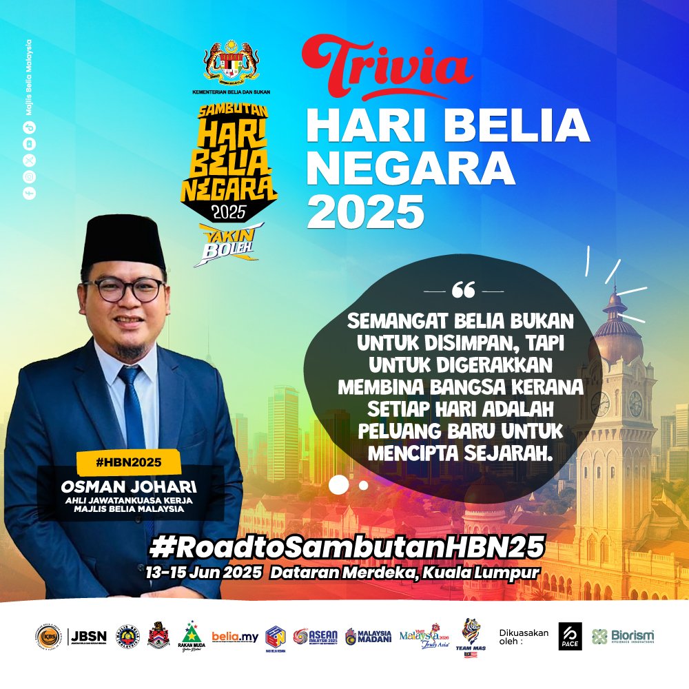 📣 #RoadtoSambutanHBN25 💥🔥 

🚨 Ada event terbesar berlaku bulan ini. Sambutan Hari Belia Negara 2025 bakal tiba tidak lama lagi! 

‼️ Lock tarikh ini :
📆 13-15 Jun 2025
📍 Dataran Merdeka, Kuala Lumpur
 
🇲🇾 Belia Malaysia, masa kita dah sampai! Jom turun ramai2 &amp; gegarkan