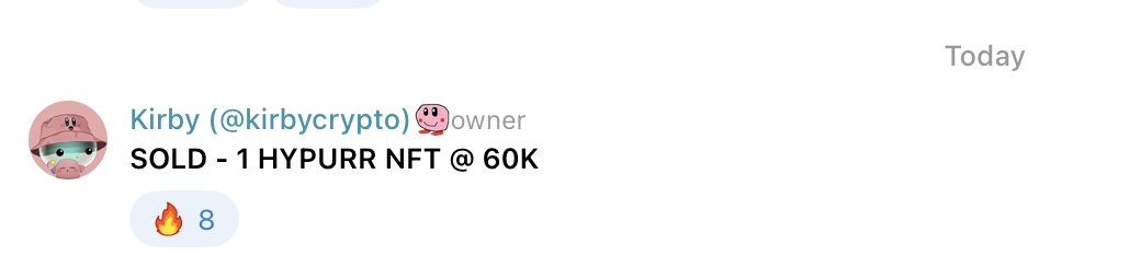 kirbycrypto.hl 🌊🏄♂️ (@kirbyongeo) on Twitter photo New HypurrNFT sale @ 60k.
FYI - <a href="/hypurr_co/">HypurrCollective.hl 🐱</a> is working with a team on a whales-market like platform where you'll be able to place your bids/asks and have it escrowed directly on a smart contract.
It'll be much more efficient thankfully, looking forward!
Hyperliquid New HypurrNFT sale @ 60k.
FYI - <a href="/hypurr_co/">HypurrCollective.hl 🐱</a> is working with a team on a whales-market like platform where you'll be able to place your bids/asks and have it escrowed directly on a smart contract.
It'll be much more efficient thankfully, looking forward!
Hyperliquid