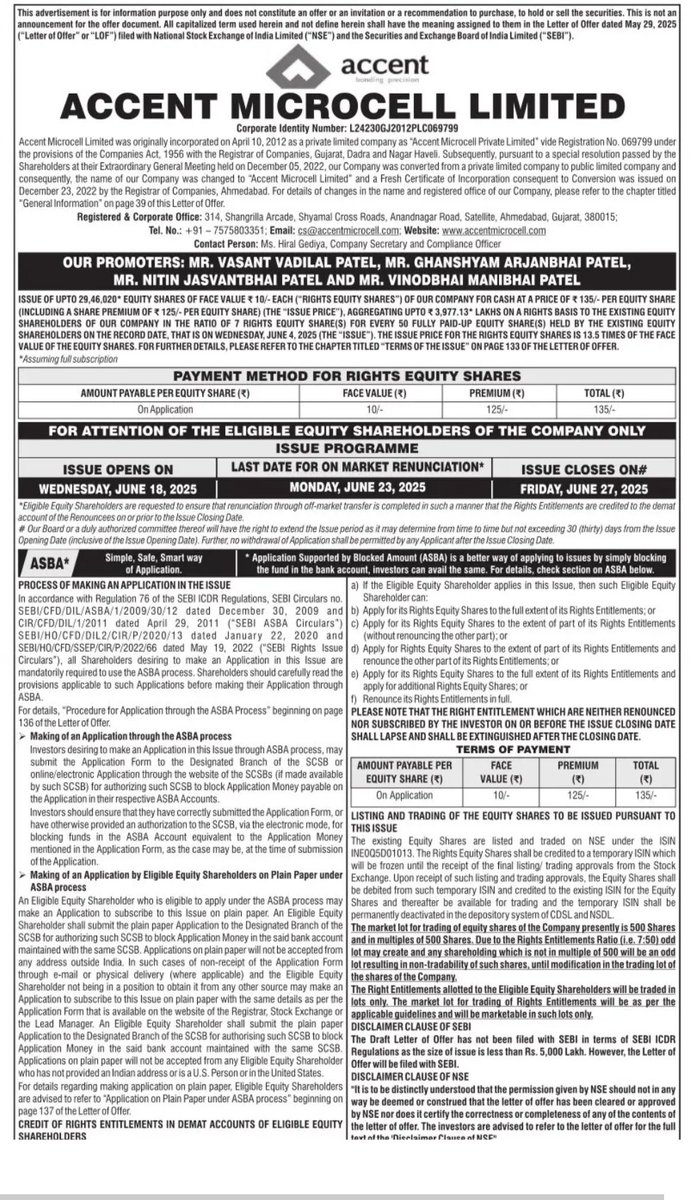 Ashishkafunda's tweet photo. Accent Microcell ( Sme ) Rights Issue Details -
Issue Size - 29,46,020 equity shares
Total Issue Amount - ₹39.77 crores
Issue Price per Share - ₹135
Face Value per Share - ₹10
Entitlement Ratio - 7 Rights Equity Shares for every 50 fully paid-up Equity Shares held
Listing Platform: BSE
Registrar: KFin Technologies Limited
Important Dates -
Rights Issue Opening Date: June 18, 2025
Rights Issue Closing Date: June 27, 2025
About Accent Microcell Limited -
The company was incorporated on April 10, 2012
It is a leading manufacturer of high-quality #cellulose-based excipients
Major product - Microcrystalline Cellulose ( MCC ) derived from purified wood pulp
Offers 22 grades of #MCC under brands like Accel, #Acrocell, Maccel, and Vincel
Serves industries like #pharmaceuticals, #nutraceuticals, food, and cosmetics
Has manufacturing facilities in Ahmedabad and Dahej ( Gujarat )
Supplies products to over 45 countries including USA, #Canada, #Germany, and UK
Known for product quality, innovation, and adherence to international standards
Locations near ports enable strong export logistics
Financial Highlights -
Revenue for FY24 was ₹249.13 crore, up from ₹199.76 crore in FY23
Profit After Tax in FY24 was ₹30.17 crore, up from ₹12.23 crore in FY23
Net Worth increased to ₹163.83 crore in FY24, from ₹44.20 crore in FY23
Reserves and Surplus rose to ₹142.79 crore from ₹37.48 crore
Borrowings reduced to ₹12.79 crore in FY 24, down from ₹22.78 crore
Total Assets rose to ₹204.84 crore in FY 24, from ₹110.69 crore
Export revenue growth has been strong with a CAGR of 23.64% from 2021 to 2023
#Accentmicro
#Rightissue
#Sme