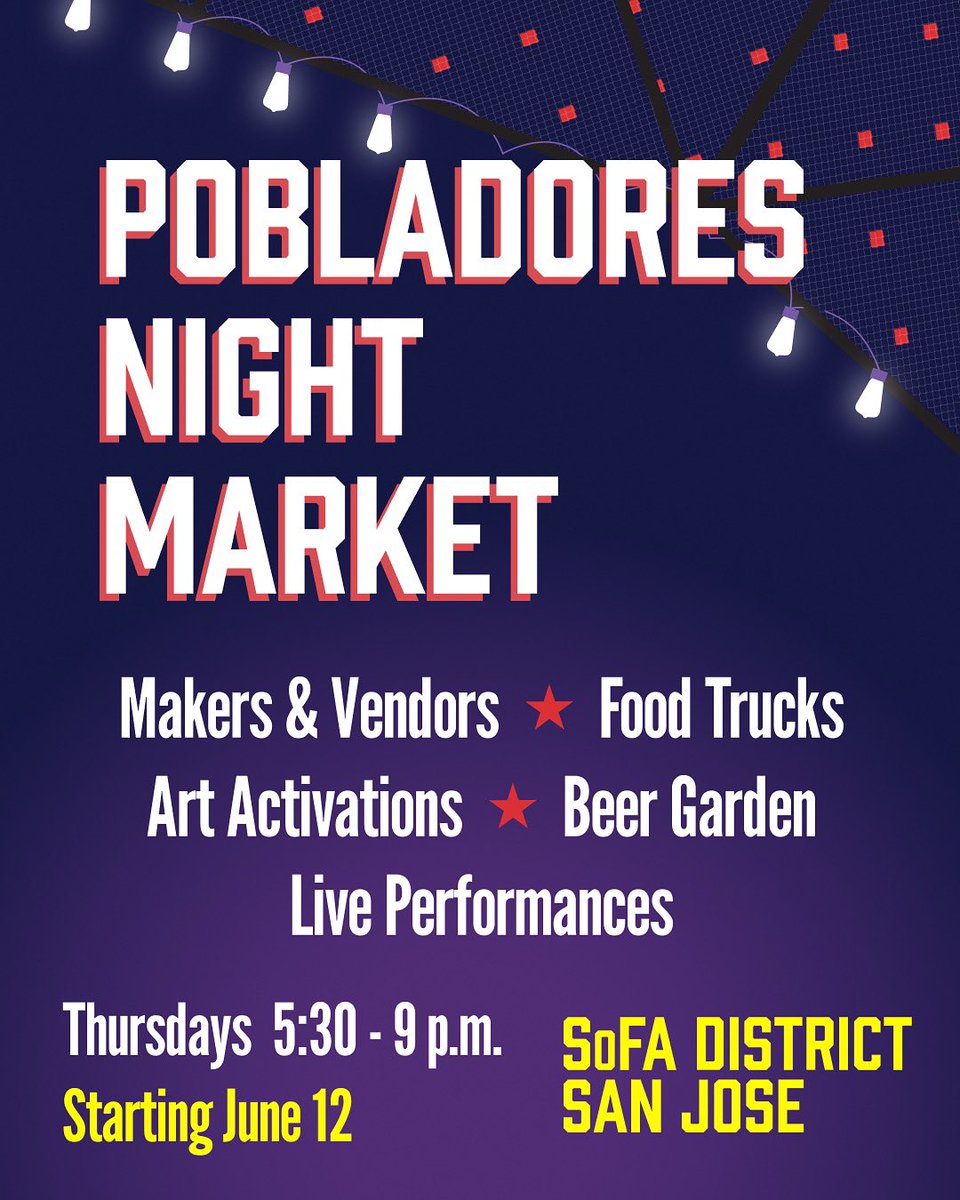 The Pobladores Night Market is back starting this Thursday, June 12 🍻

Makers &amp; Vendors • Food Trucks • Art Activations • Beer Garden • Live Performances

🅿️ ParkSJ garages offer 90 minutes of free parking. Visit ParkSJ.org for more info.