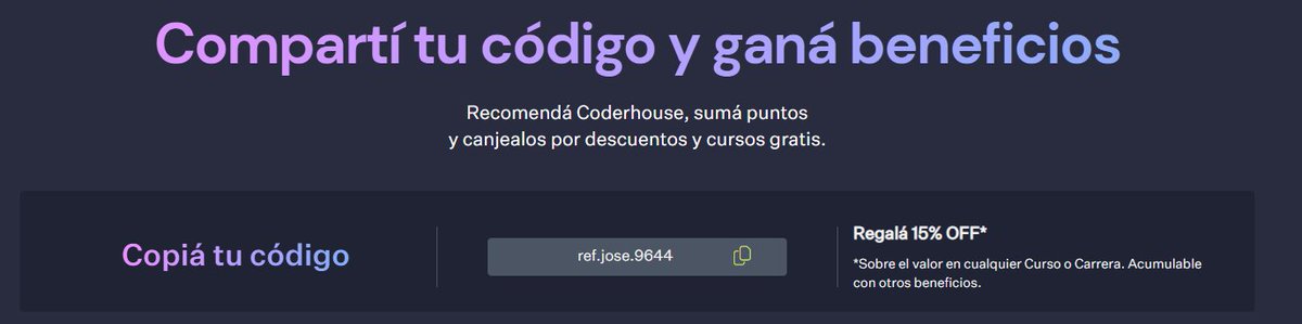 Peekiyama's tweet image. Re random pero tengo un codigo de 15% de descuento en cursos o carreras de coderhouse, por si alguno lo quiere
lo pueden usar las veces que quieran!
Codigo: ref.jose.9644
#coderhouse