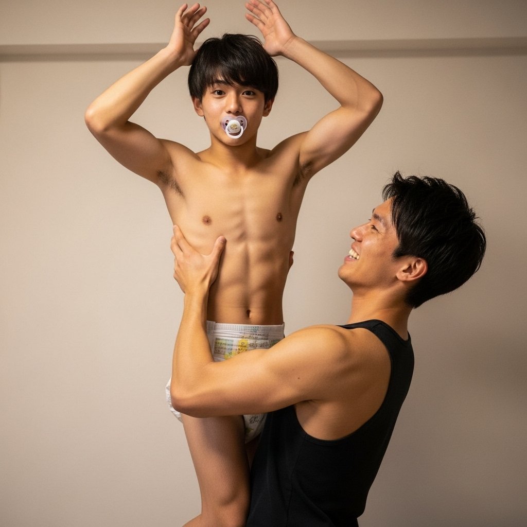 赤ちゃんプレイが好評だったのでもういっちょ😁
若者2人による「たかいたかいたかいたか〜い‼️」
#AIart　#AI男子