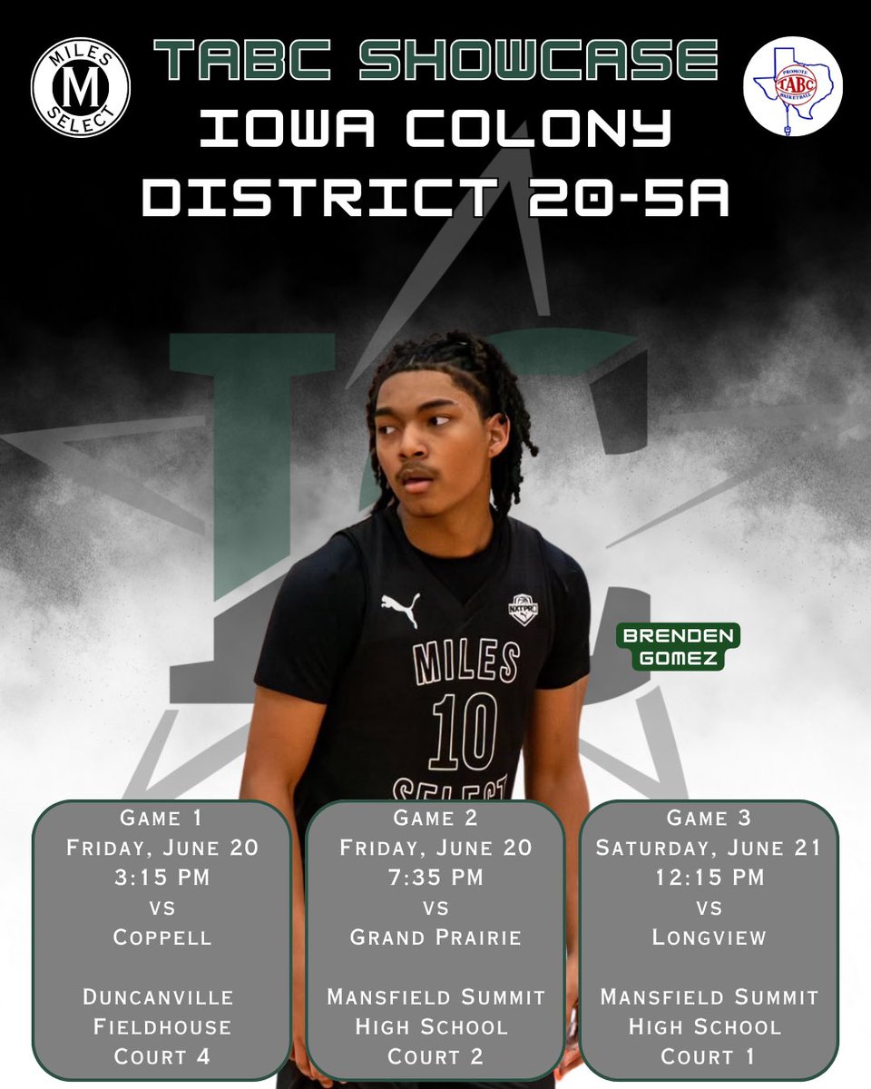 Miles Select (@milesselect) on Twitter photo Wishing our best to Brenden Gomez next weekend at TABC with his Iowa Colony squad! <a href="/ICHS_Hoops/">Iowa Colony Boys Basketball</a> <a href="/BrendenGmz/">Brenden Gomez</a> Wishing our best to Brenden Gomez next weekend at TABC with his Iowa Colony squad! <a href="/ICHS_Hoops/">Iowa Colony Boys Basketball</a> <a href="/BrendenGmz/">Brenden Gomez</a>
