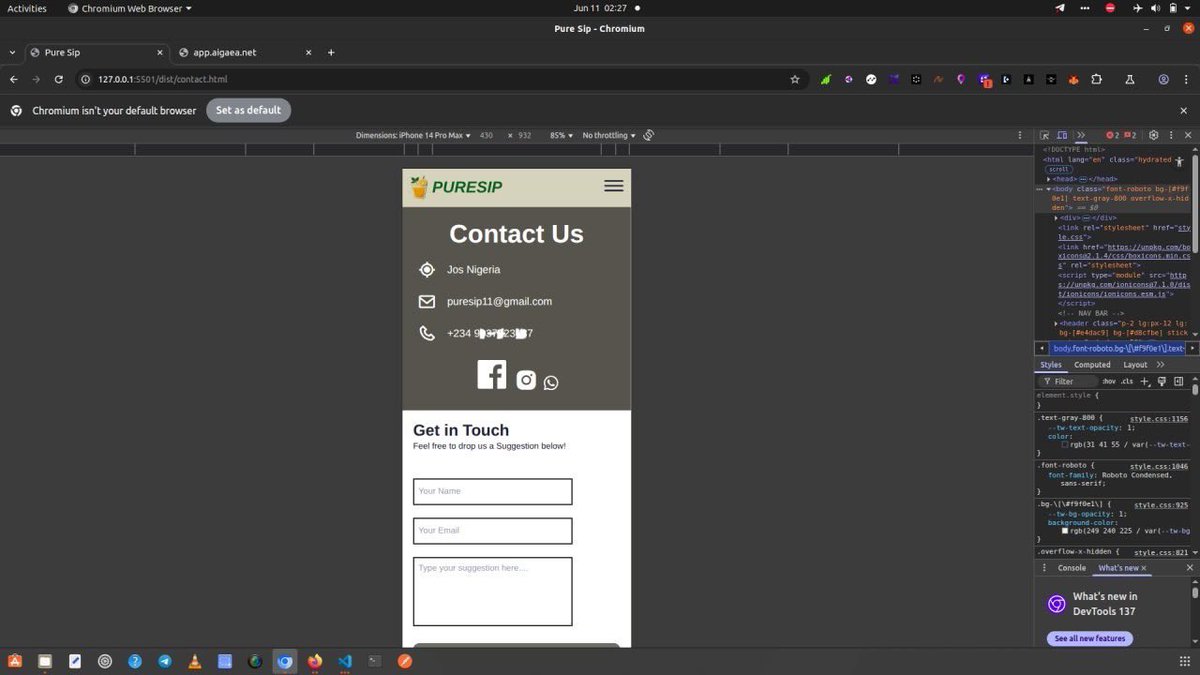 Pero4l's tweet photo. Day 75/100 of my #100DaysOfCoding .
Continued working through the 50 JavaScript exercises and also gave the PureSip UI a little touch-up. Bit by bit, itโs all coming together! ๐ป๐นโ๏ธ.
@blockfuselabs
#JavaScript #WebDev #100DaysOfCode #PureSip #KeepBuilding #FrontendDevelopment https://t.co/ajJCStfmeA