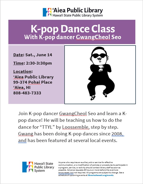 If you're in #Hawaii Come learn a K-pop dance at #Aiea Library!

#hsplshigov #aiealibrary