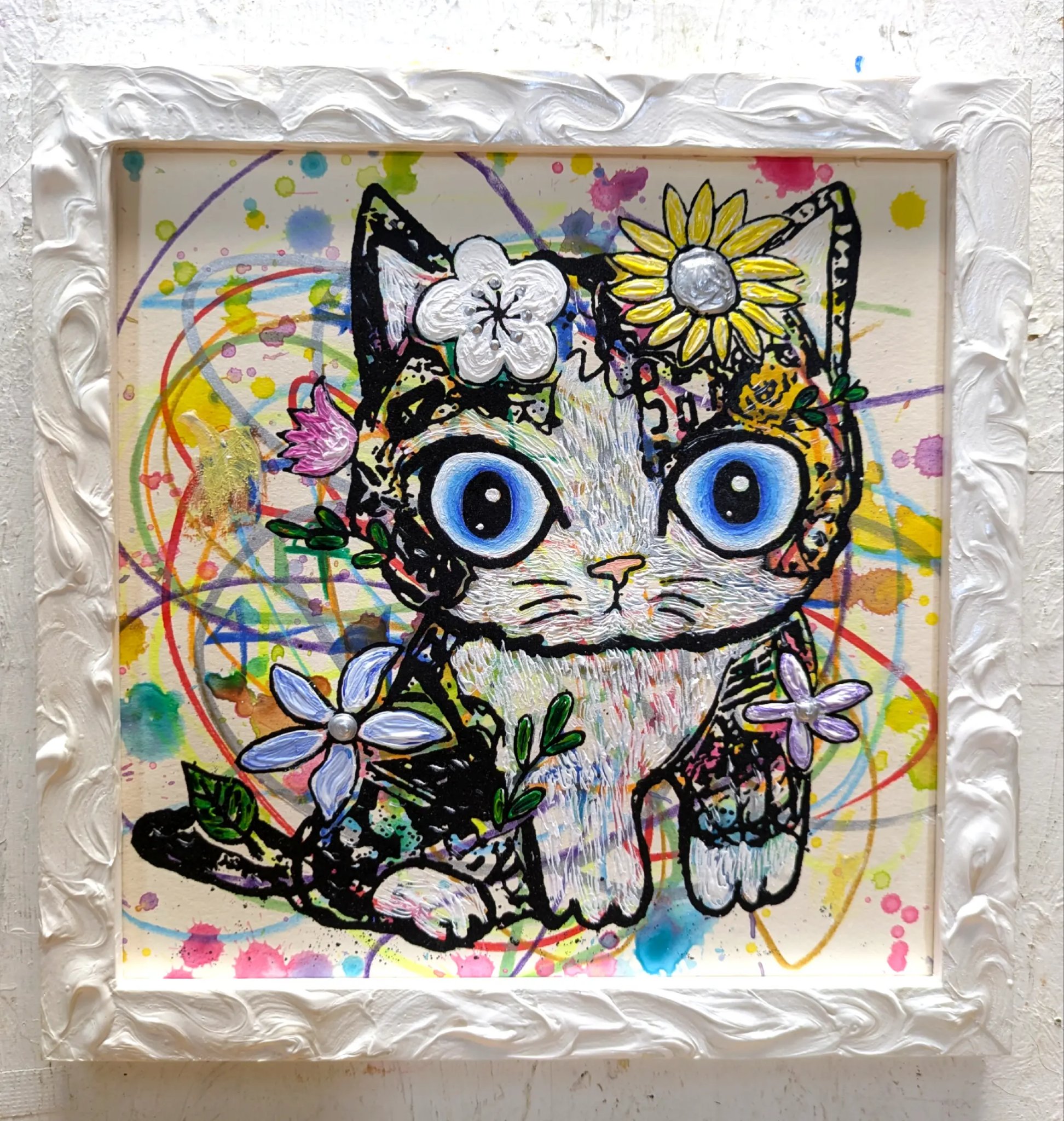 手作り額付き銅版画応用絵画 title「きらめきニャンコ」