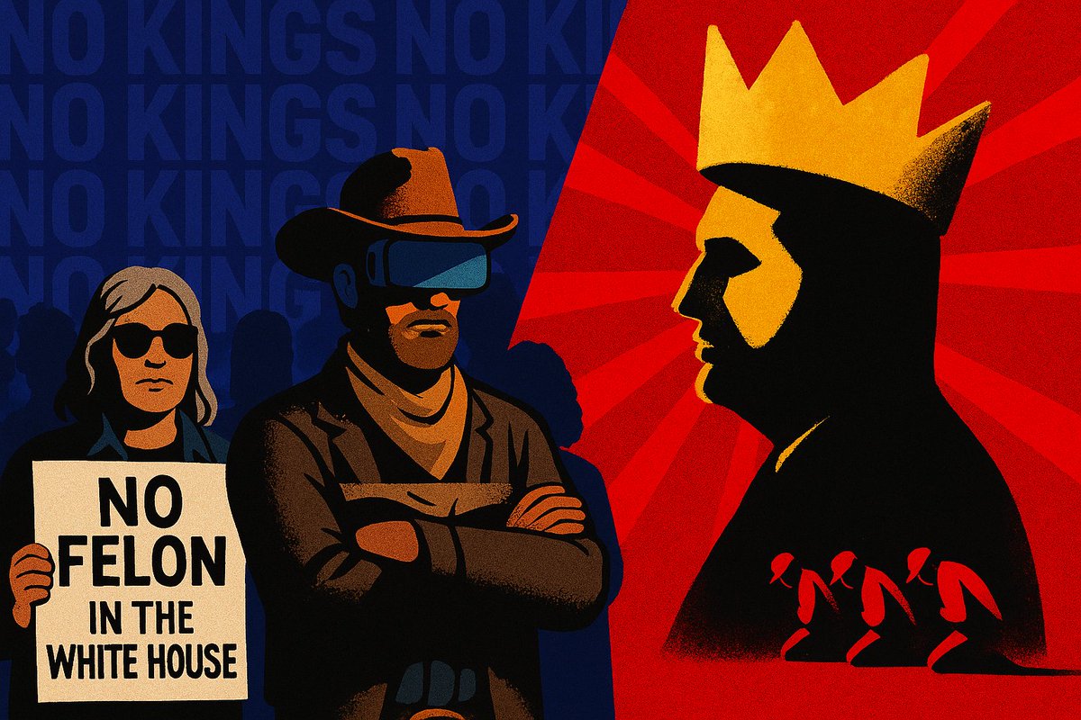 “King Trump vs. No Kings Day: Crownfire on the Memetic Frontier”

🧠 Core Idea Unit:
Two rival visions clash over the mythic soul of America:
- Trump is the rightful sovereign, a king ordained by history (or fate)
- True Americans reject monarchy—no felons, no thrones, no rulers