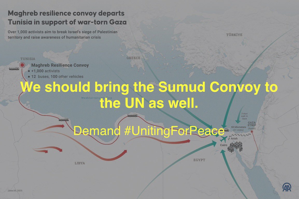 UdsiAsli's tweet image. With the gathering of people + momentum near Gaza’s borders, simultaneous protests at United Nations locations are needed – a chance for everyone not able to join the Sumud Convoy to add their voice.

Demand #UnitingForPeace UN action to end Israel’s genocide