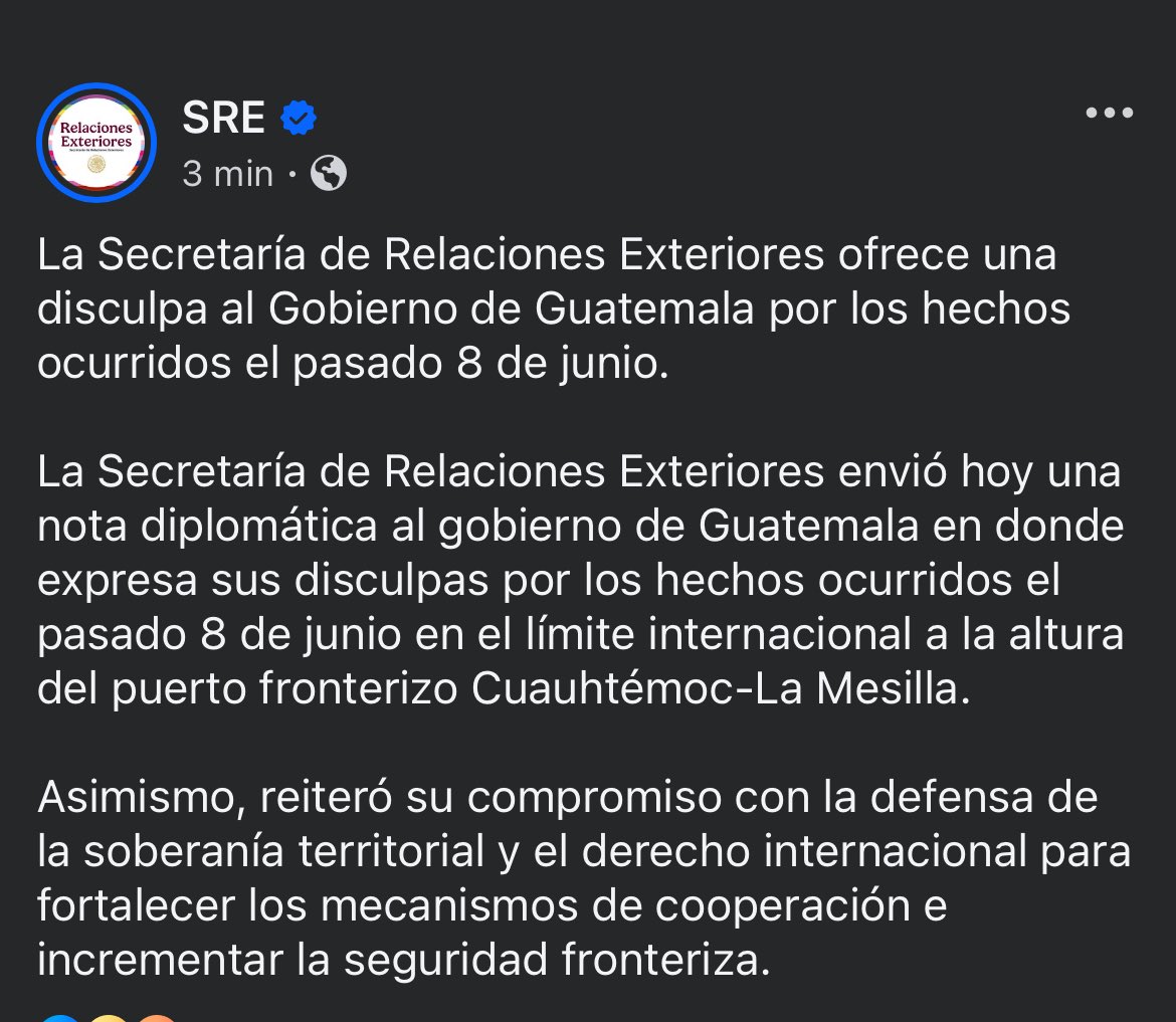 Pedro Gerardo López (@pedrogerardo26) on Twitter photo Así el calibre de la diplomacia #mexicana; con en un texto escrito en su cuenta de la red social Facebook, la <a href="/SRE_mx/">Relaciones Exteriores</a> de #México ofreció disculpas al <a href="/GuatemalaGob/">Gobierno de Guatemala 🇬🇹</a> por los hechos ocurridos el 8 de Julio en la frontera La Mesilla de #Guatemala, cuando un grupo de agentes de la Así el calibre de la diplomacia #mexicana; con en un texto escrito en su cuenta de la red social Facebook, la <a href="/SRE_mx/">Relaciones Exteriores</a> de #México ofreció disculpas al <a href="/GuatemalaGob/">Gobierno de Guatemala 🇬🇹</a> por los hechos ocurridos el 8 de Julio en la frontera La Mesilla de #Guatemala, cuando un grupo de agentes de la