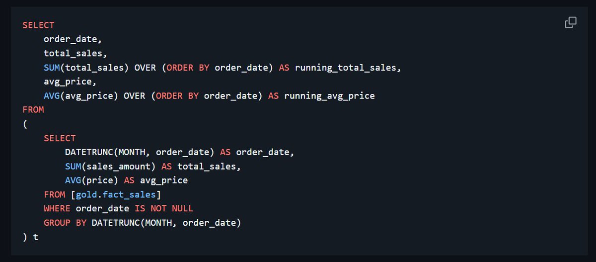 afolinconnaire's tweet image. 💡Want to track monthly sales growth in SQL?
This query:
📅 Groups by month
📈 Calculates running total sales
📊 Tracks running avg. price using window functions
A clean way to spot trends & momentum over time!
#SQL #DataAnalytics #WindowFunctions #DataViz #BusinessIntelligence