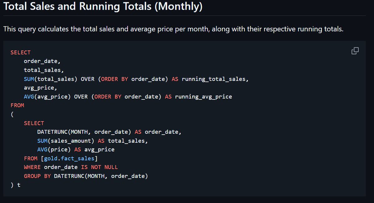 afolinconnaire's tweet photo. 💡Want to track monthly sales growth in SQL?
This query:
📅 Groups by month
📈 Calculates running total sales
📊 Tracks running avg. price using window functions
A clean way to spot trends & momentum over time!
#SQL #DataAnalytics #WindowFunctions #DataViz #BusinessIntelligence https://t.co/oXGVVfli4H