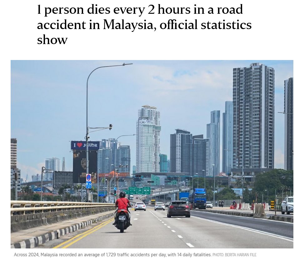 🇲🇾 has a crisis in road safety

A road accident every 50 seconds
A road fatality every 2 hours

We have the second highest road fatality rate in ASEAN (23.7/100,000), behind only 🇹🇭 (29.7/100,000)

MOT and JKR need to do more and do better

🧵 [1/2]