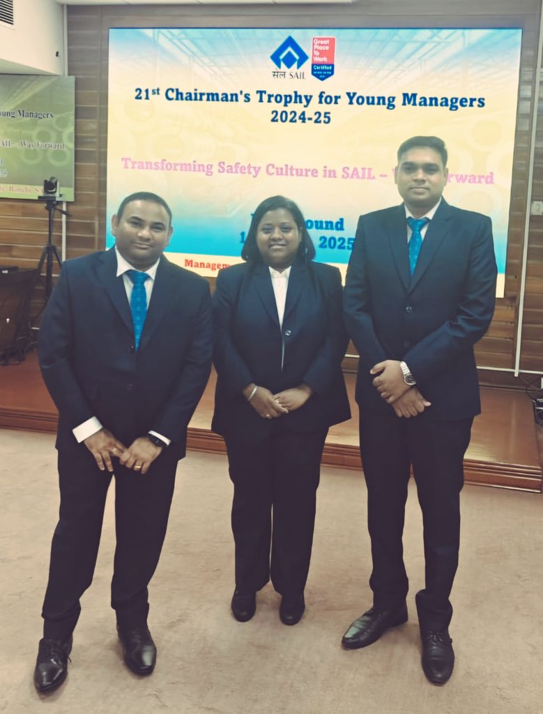 #CTYM 
Congratulations to team BSL comprising Shipra N Hemrom (AGM-HR), YSN Reddy (Sr Mgr- EL&amp;TC) and Aniruddha D Ramteke (Dy Mgr-Fire Services) for winning Chairman’s Trophy for Young Managers. The final round of CTYM 2024-25 was held at MTI today.

The teams from Bhilai and