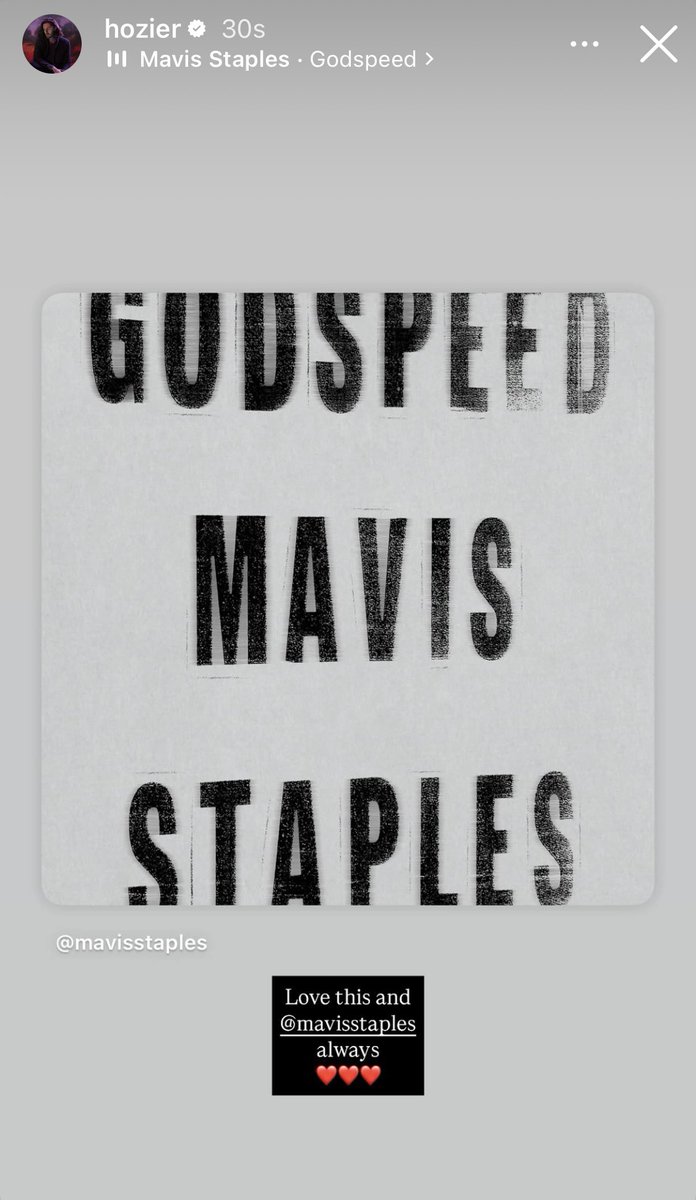 Hozier Updates 🌼 (@updateshozier) on Twitter photo 📲| Hozier vía Instagram story!
“Love this and <a href="/mavisstaples/">Mavis Staples</a> always ❤️❤️❤️”
The fantastic Mavis Staples has released a cover of Frank Ocean’s ‘Godspeed’.
Is now out in all streaming platforms! 🫰🏻✨ 📲| Hozier vía Instagram story!
“Love this and <a href="/mavisstaples/">Mavis Staples</a> always ❤️❤️❤️”
The fantastic Mavis Staples has released a cover of Frank Ocean’s ‘Godspeed’.
Is now out in all streaming platforms! 🫰🏻✨
