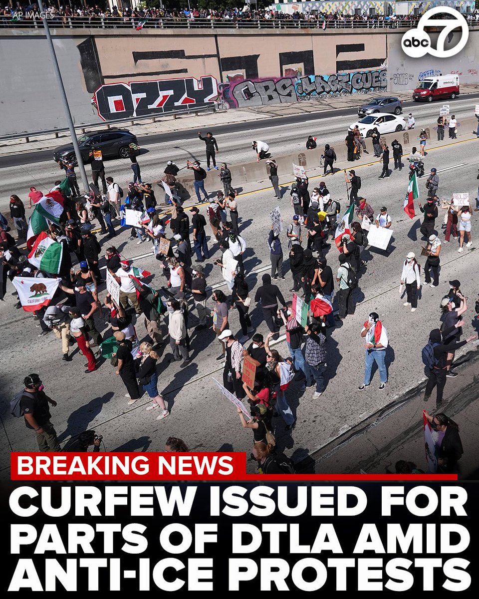 ABC7's tweet photo. A curfew from 8 p.m. to 6 a.m. will take effect Tuesday night for parts of downtown Los Angeles amid the ongoing anti-ICE protests, Los Angeles Mayor Karen Bass announced. She added that the curfew may be in effect for several days.

https://t.co/Lp1a8S5pRp https://t.co/huptiBHrRu