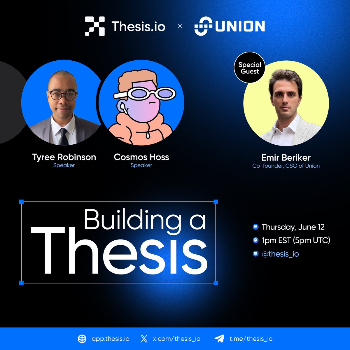 Join us for a Building a Thesis Twitter Space this Thursday, June 12th at 1PM EDT!  

Hosted by @Hoss_ibc, featuring <a href="/union_build/">Union</a> founder Emir Beriker <a href="/e_beriker/">Emir Beriker</a>. 

Dive into insights on crafting a winning thesis for Union. Don’t miss it!    (set you reminders) 👇