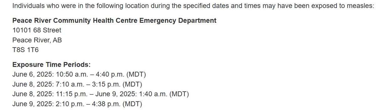 Alberta Health Services has been notified of people with confirmed measles in the North Zone who have been in a public setting while infectious. Additional locations may be released if necessary. Learn more: albertahealthservices.ca/news/Page19098…
