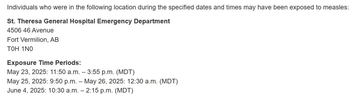 Alberta Health Services has been notified of people with confirmed measles in the North Zone who have been in a public setting while infectious. Additional locations may be released if necessary. Learn more: albertahealthservices.ca/news/Page19095…