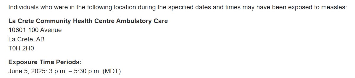 Alberta Health Services has been notified of people with confirmed measles in the North Zone who have been in a public setting while infectious. Additional locations may be released if necessary. Learn more: albertahealthservices.ca/news/Page19096…
