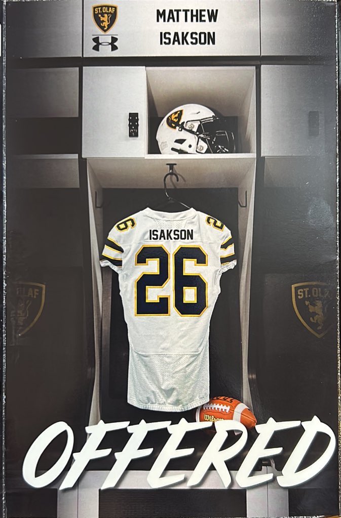 Matthew Isakson (@m_isakson15) on Twitter photo Grateful for <a href="/JamesKilian/">James Kilian</a> and <a href="/StOlafFB/">St. Olaf Football</a> for my first offer to play college football.
<a href="/PrepRedzoneMN/">Prep Redzone Minnesota</a> <a href="/WMRoyalsFB/">Watertown-Mayer Football</a> Grateful for <a href="/JamesKilian/">James Kilian</a> and <a href="/StOlafFB/">St. Olaf Football</a> for my first offer to play college football.
<a href="/PrepRedzoneMN/">Prep Redzone Minnesota</a> <a href="/WMRoyalsFB/">Watertown-Mayer Football</a>