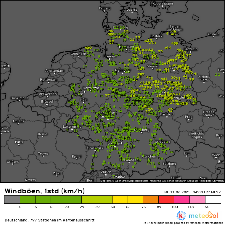 Kachelmannwettr's tweet photo. Im Osten ziehen mit (noch) lebhaftem West-Nordwestwind die letzten #Schauer ab. Die Böen der letzten Stunde aus unserem erweiterten #Meteosol-Messnetz sind schon da, für Plus-Abonnenten unter https://t.co/1nNdFgdDGc. Wetteranalyse Live: https://t.co/EdrGrEEBGB /FA https://t.co/HbBXqBD6SH