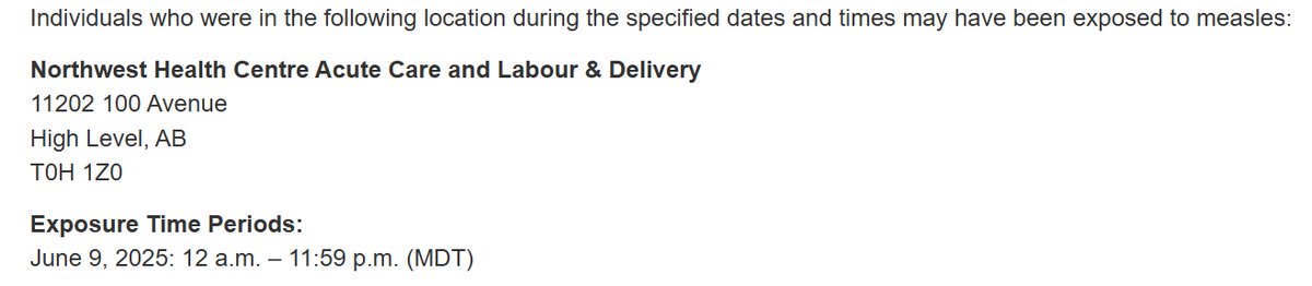 Alberta Health Services has been notified of people with confirmed measles in the North Zone who have been in a public setting while infectious. Additional locations may be released if necessary. Learn more: albertahealthservices.ca/news/Page19097…