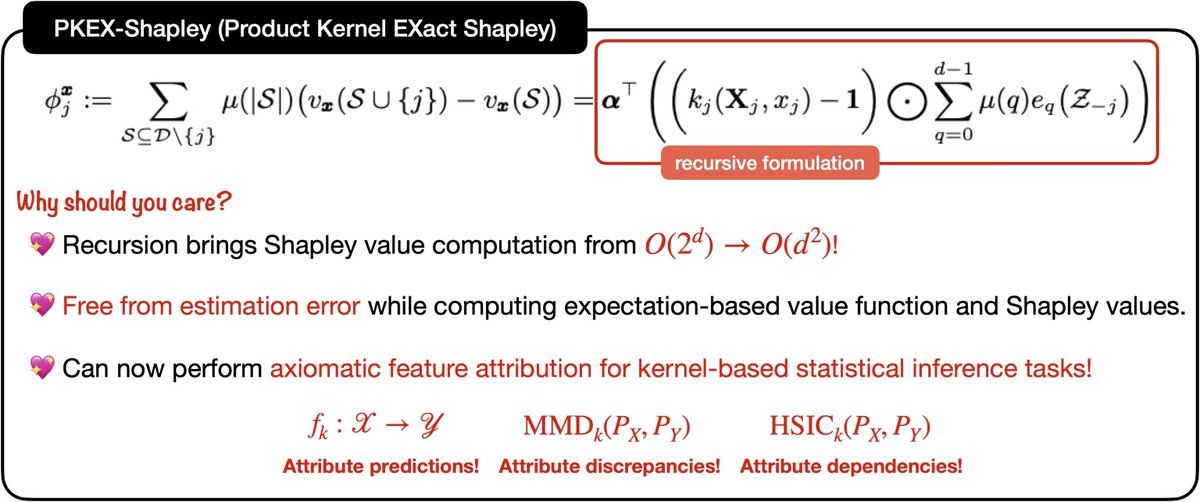 Siu Lun Chau (@chau9991) on Twitter photo 🚀Are you looking for an axiomatic, error-free, and VERY fast method for feature attribution in kernel methods?
Check out PKEX-Shapley: Product-Kernel Exact Shapley algorithm. Computing Shapley now goes from O(2^d) to just O(d^2). ⚡️
Joint work with <a href="/MajidMo80592063/">Majid Mohammadi</a> <a href="/krikamol/">Krikamol (Hiring Postdoc)</a> 🚀Are you looking for an axiomatic, error-free, and VERY fast method for feature attribution in kernel methods?
Check out PKEX-Shapley: Product-Kernel Exact Shapley algorithm. Computing Shapley now goes from O(2^d) to just O(d^2). ⚡️
Joint work with <a href="/MajidMo80592063/">Majid Mohammadi</a> <a href="/krikamol/">Krikamol (Hiring Postdoc)</a>